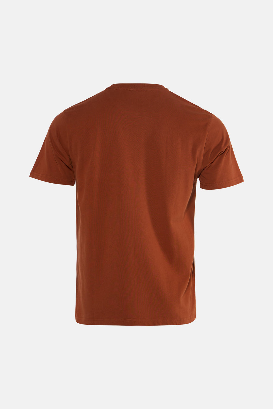Orange short-sleeve t-shirt back view, solid color, ribbed texture, crew neck, stitched hem and sleeves