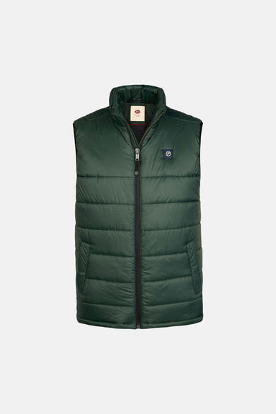Green quilted sleeveless bodywarmer by Fjällräven with front zipper and chest logo patch, front view