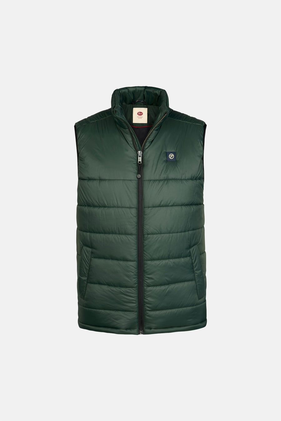 Green quilted sleeveless bodywarmer by Fjällräven with front zipper and chest logo patch, front view