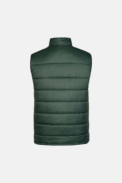 Dark green quilted sleeveless bodywarmer with high collar, back view, smooth texture
