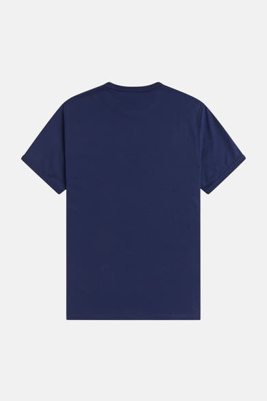 Blauwe T-shirt van FRED PERRY, achterkant, korte mouwen, geribbelde ronde hals.