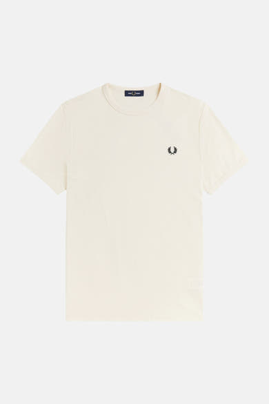 Ecru T-shirt met korte mouwen van Fred Perry met ronde hals en geborduurd lauwerkranslogo.