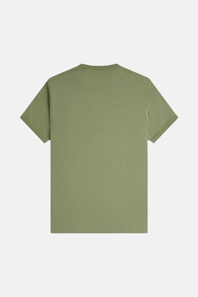 Olijfgroen T-shirt met korte mouwen van FRED PERRY, effen, achterkant.