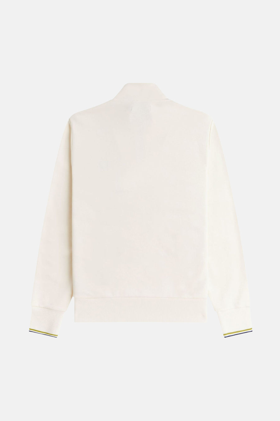Sweat col roulé écru de Fred Perry avec des poignets rayés jaunes et bleus, vue arrière.
