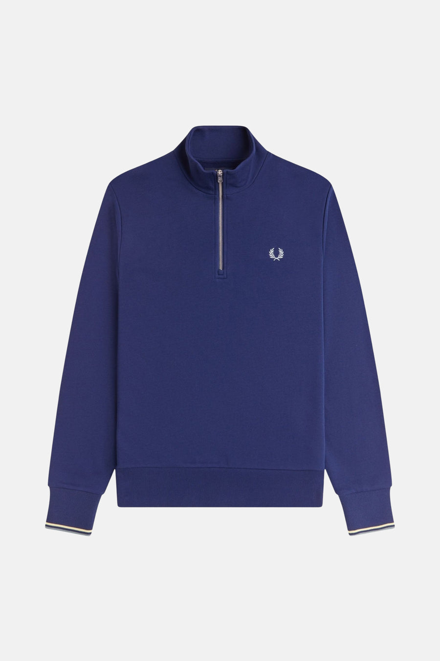 Blauwe sweatstof met opstaande kraag van FRED PERRY met ritssluiting en geborduurd logo.