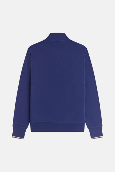 Blauwe coltrui van FRED PERRY, met contrasterende gestreepte manchetten, achterzijde.