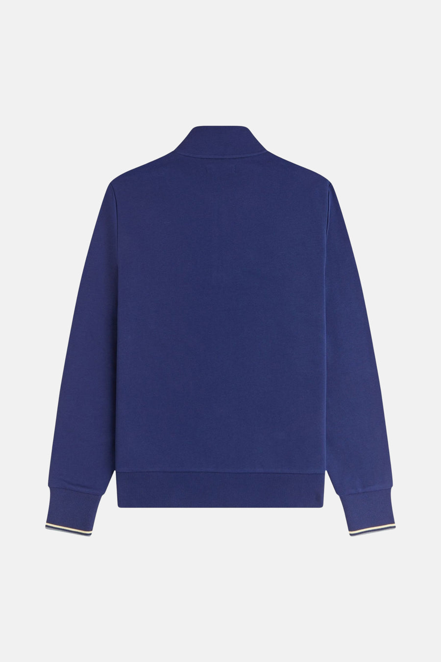 Blauwe coltrui van FRED PERRY, met contrasterende gestreepte manchetten, achterzijde.