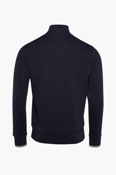 Blauwe sweater met opstaande kraag van FRED PERRY, met witte strepen op de manchetten.