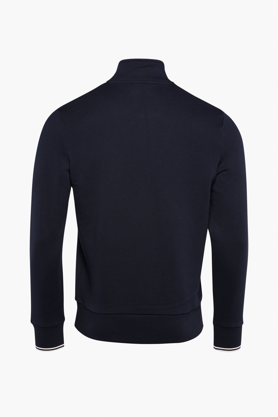 Blauwe sweater met opstaande kraag van FRED PERRY, met witte strepen op de manchetten.