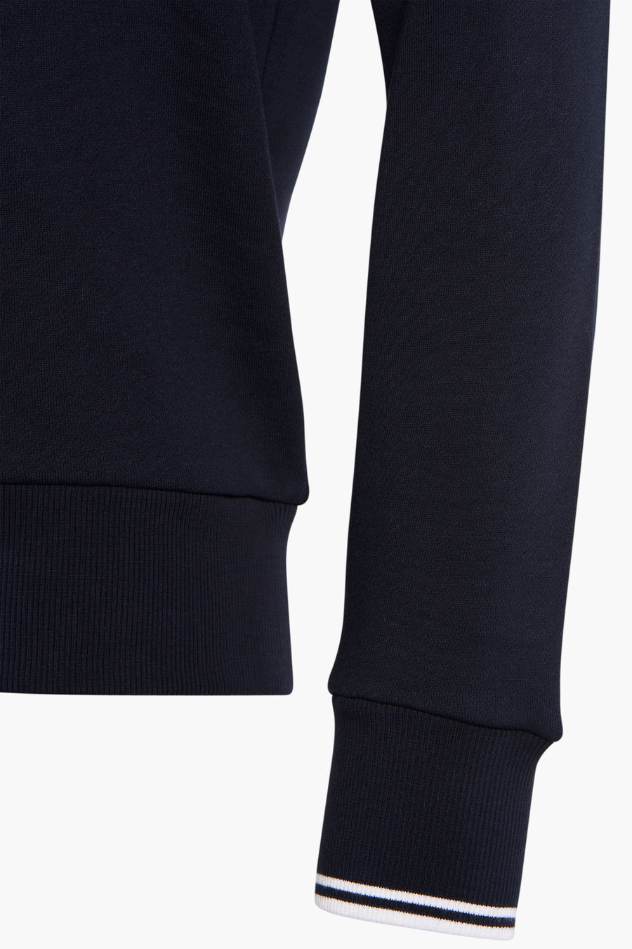 Blauwe sweater van FRED PERRY met lange mouwen en gestreepte geribde boorden.