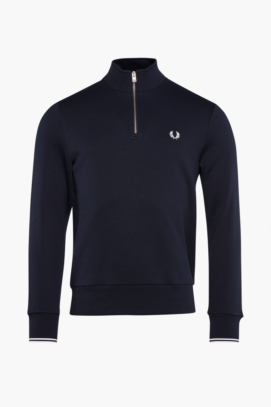 Blauwe sweater met opstaande kraag van Fred Perry, met zilveren ritssluiting en geborduurd logo op de borst.
