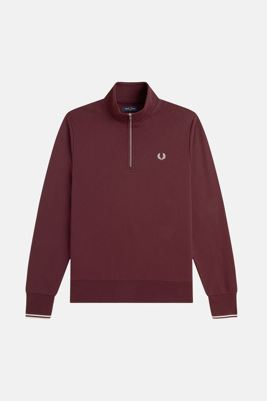 Burgundy half-zip sweatshirt by Fred Perry with white laurel wreath logo and ribbed cuffs, front view