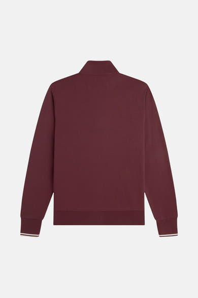 Burgundy high-neck sweatshirt with ribbed cuffs and hem, back view, solid color, soft texture