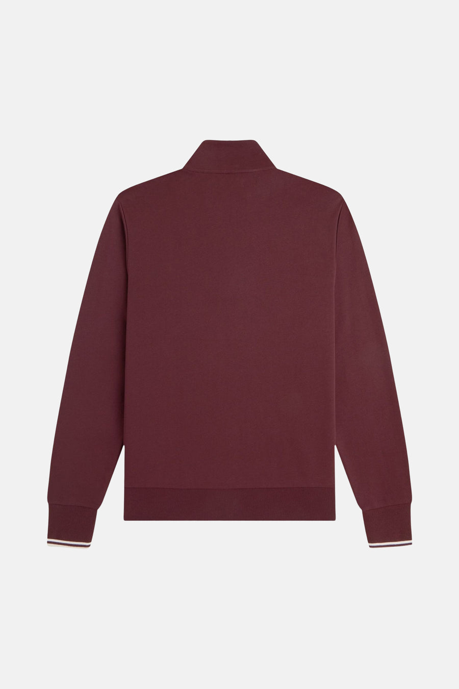 Burgundy high-neck sweatshirt with ribbed cuffs and hem, back view, solid color, soft texture