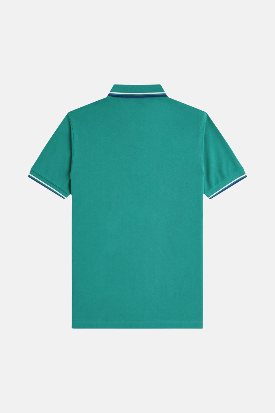 Polo à manches courtes vert de FRED PERRY, détails rayés au col et aux manches, vue de dos.
