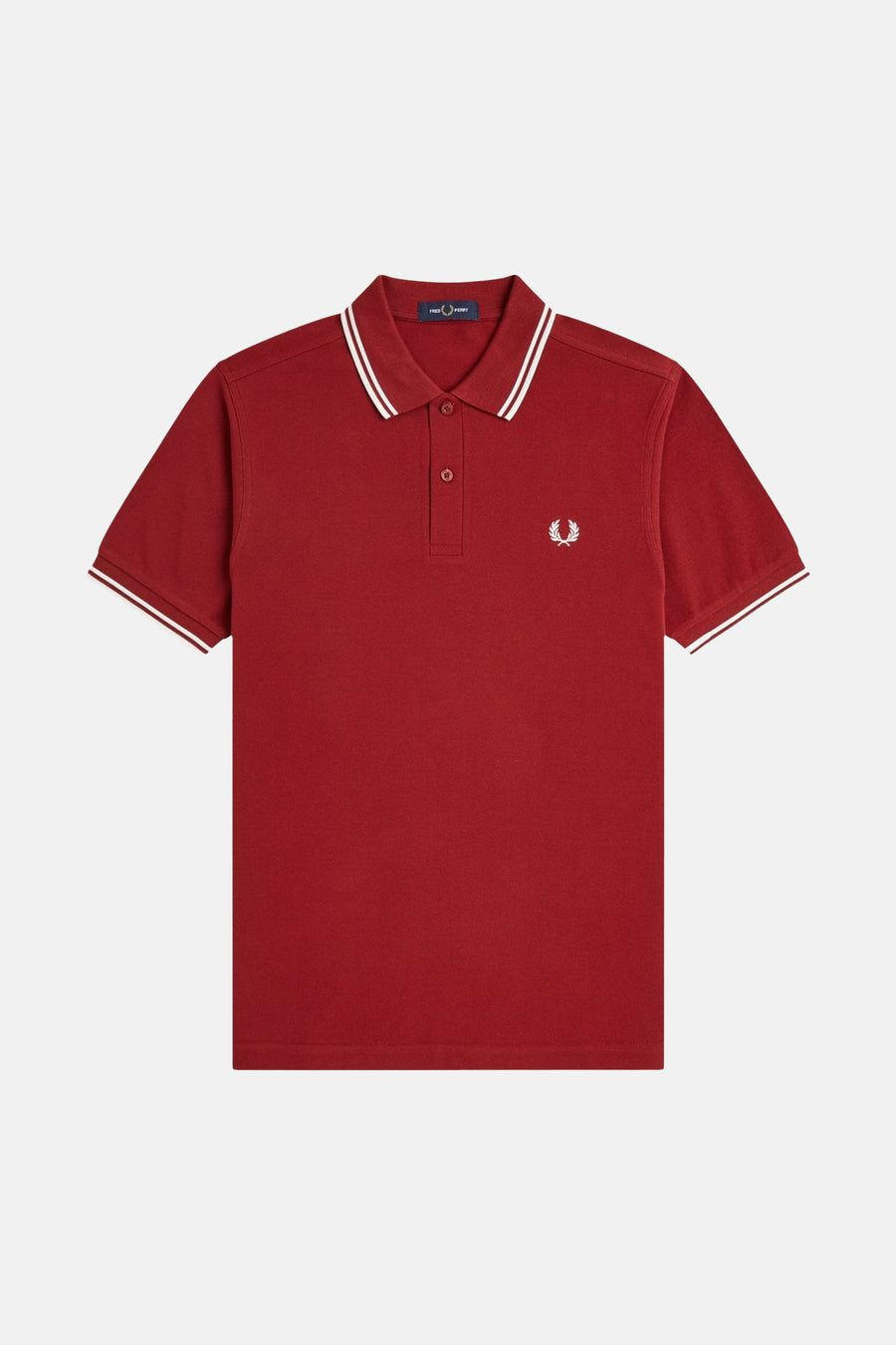Rode polo met korte mouwen van FRED PERRY, met witte biesjes op de kraag en mouwen, geborduurd logo.