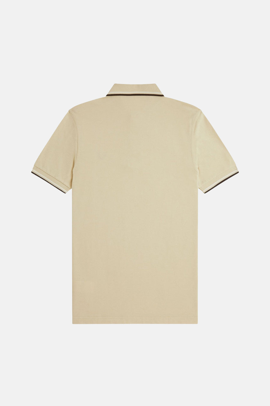 Beige poloshirt met korte mouwen van FRED PERRY, met donkerbruine kraag en mouwboorden.