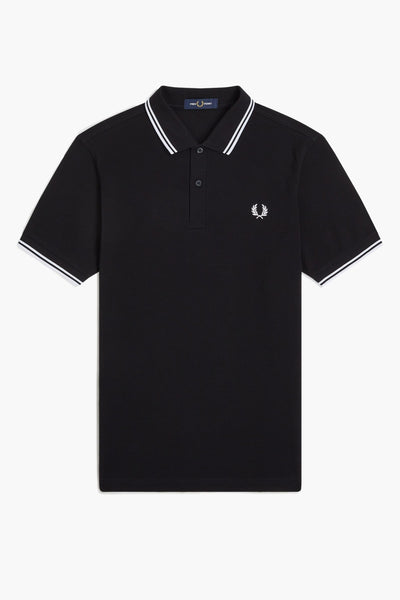 Polo noir à manches courtes de FRED PERRY avec rayures blanches au col et logo brodé.