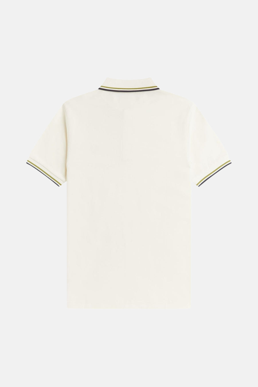 Ecru polo van FRED PERRY, met contrasterende bies op de kraag en mouwen, achterzijde.