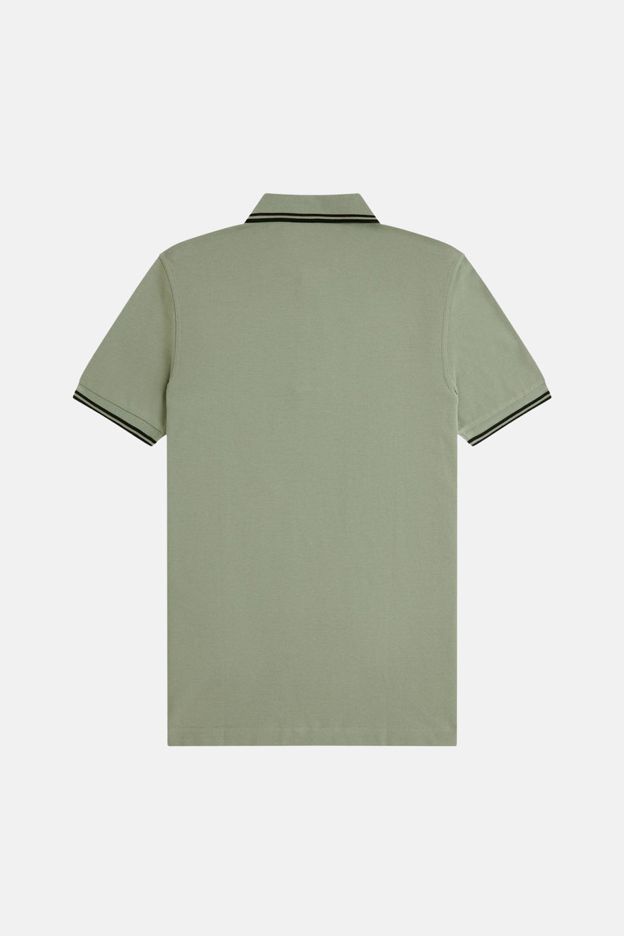 Polo à manches courtes vert de Fred Perry, avec rayures noires sur le col et les manches, vue arrière.
