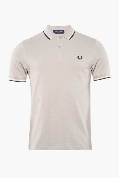 Grey pique polo shirt by Fred Perry with black and white collar trim and embroidered laurel wreath logo on chest, front view