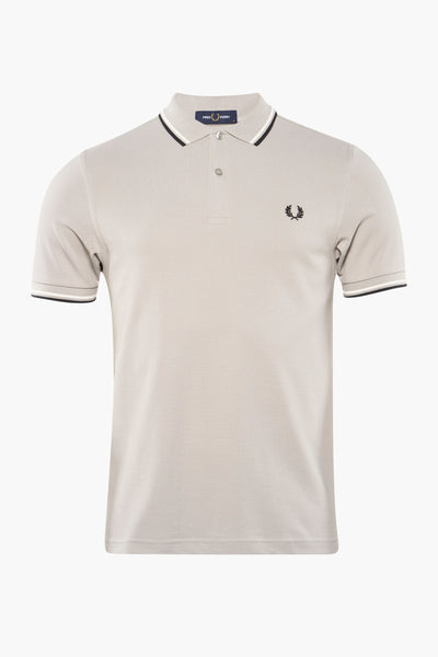 Grey pique polo shirt by Fred Perry with black and white collar trim and embroidered laurel wreath logo on chest, front view