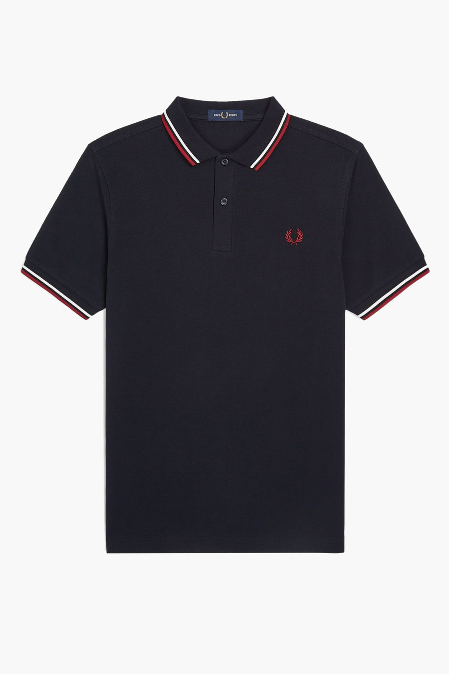 Polo bleu à manches courtes de FRED PERRY, avec col et ourlets rayés rouge et blanc, logo brodé.