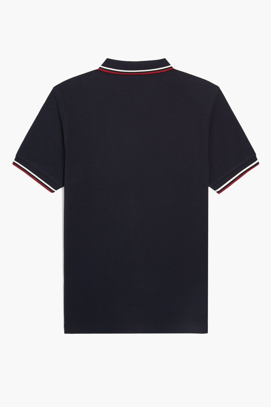 Polo bleu à manches courtes de Fred Perry, avec col et manches à rayures contrastées.
