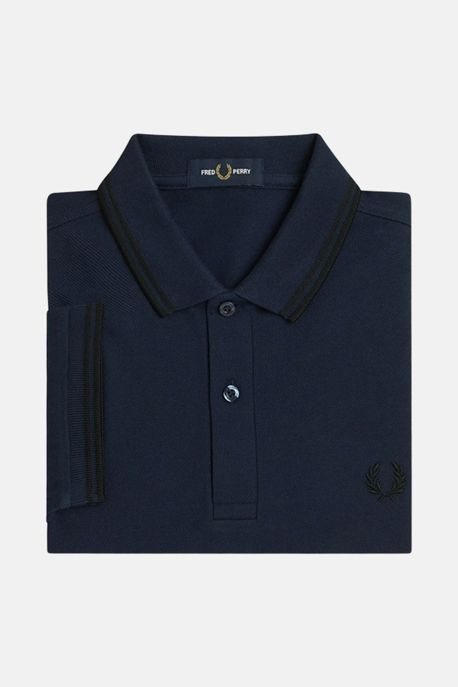 Polo blauw met korte mouwen van FRED PERRY, met zwarte strepen op het collar en de mouwen, geborduurd logo.
