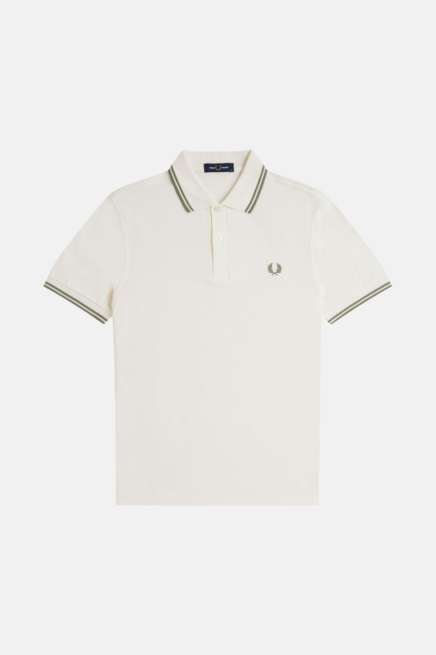 Polo écru à manches courtes de Fred Perry, orné du logo emblématique et de rayures au col et aux manches.