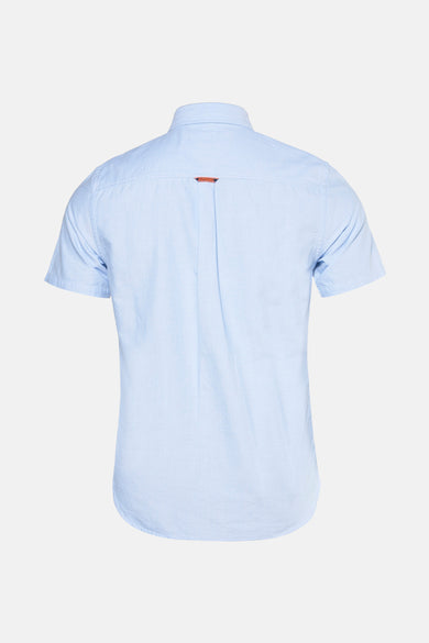 Blauwe blouse met korte mouwen van SUPERDRY, met een persvouw in het midden van de rug.