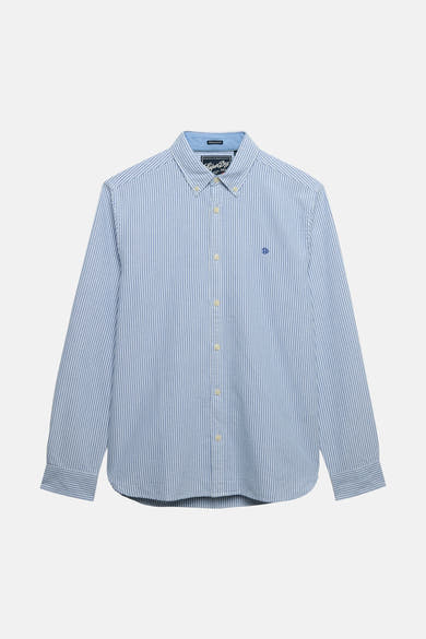 Chemise à manches longues bleue rayée de SUPERDRY, boutonnée et ornée d'un logo brodé sur la poitrine.