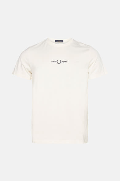Ecru T-shirt met korte mouwen van Fred Perry, met geborduurd logo op de borst.