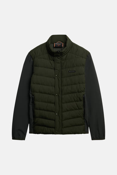 Veste de pluie olive de SUPERDRY avec manches longues noires et fermeture boutonnée.