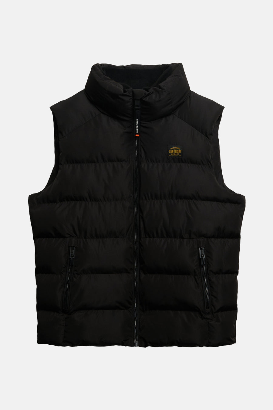Veste sans manches noire de SUPERDRY, matelassée avec fermeture éclair et poches zippées.