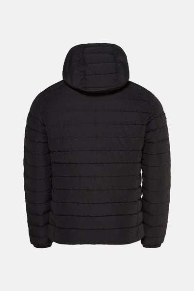 Veste de pluie noire par SUPERDRY, avec capuche, vue de dos.