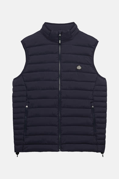 Veste sans manches bleue de Superdry, avec fermeture éclair centrale et poches zippées.