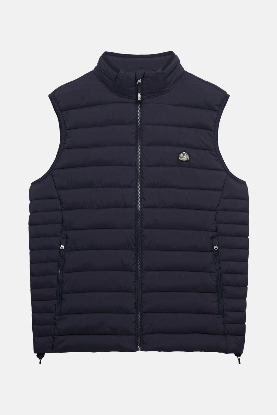 Veste sans manches bleue de Superdry, avec fermeture éclair centrale et poches zippées.