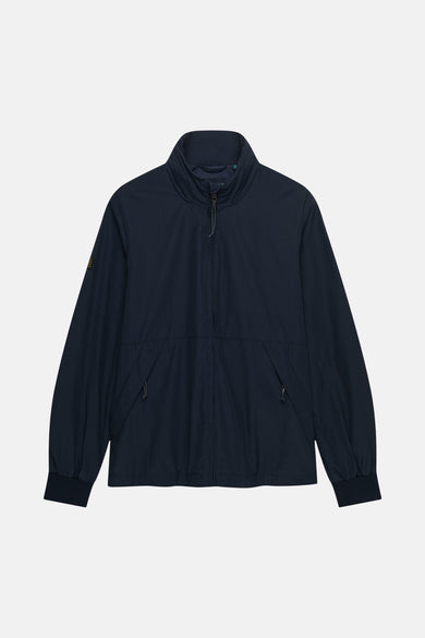 Marineblauwe regenjas van SUPERDRY met opstaande kraag, ritssluiting, geribbelde manchetten en zakken met rits.