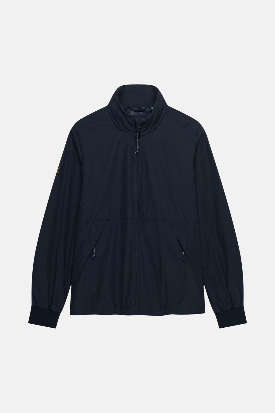 Veste de pluie bleu marine de SUPERDRY à col montant, fermeture éclair, poignets côtelés et poches zippées.