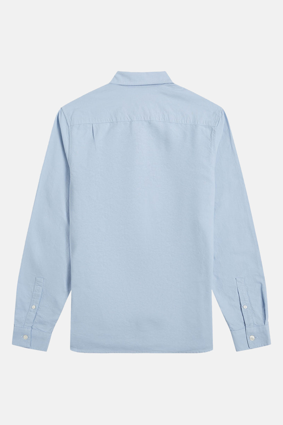 Blauwe blouse met lange mouwen van FRED PERRY, van achteren gezien, met knoopmanchetten.