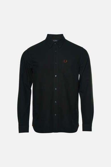 Chemise FRED PERRY à manches longues noire, à col boutonné et poche poitrine ornée du logo.