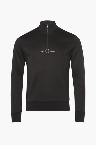 Black high-neck sweatshirt by Fred Perry with white embroidered logo and front zipper, ribbed cuffs and hem, front view.