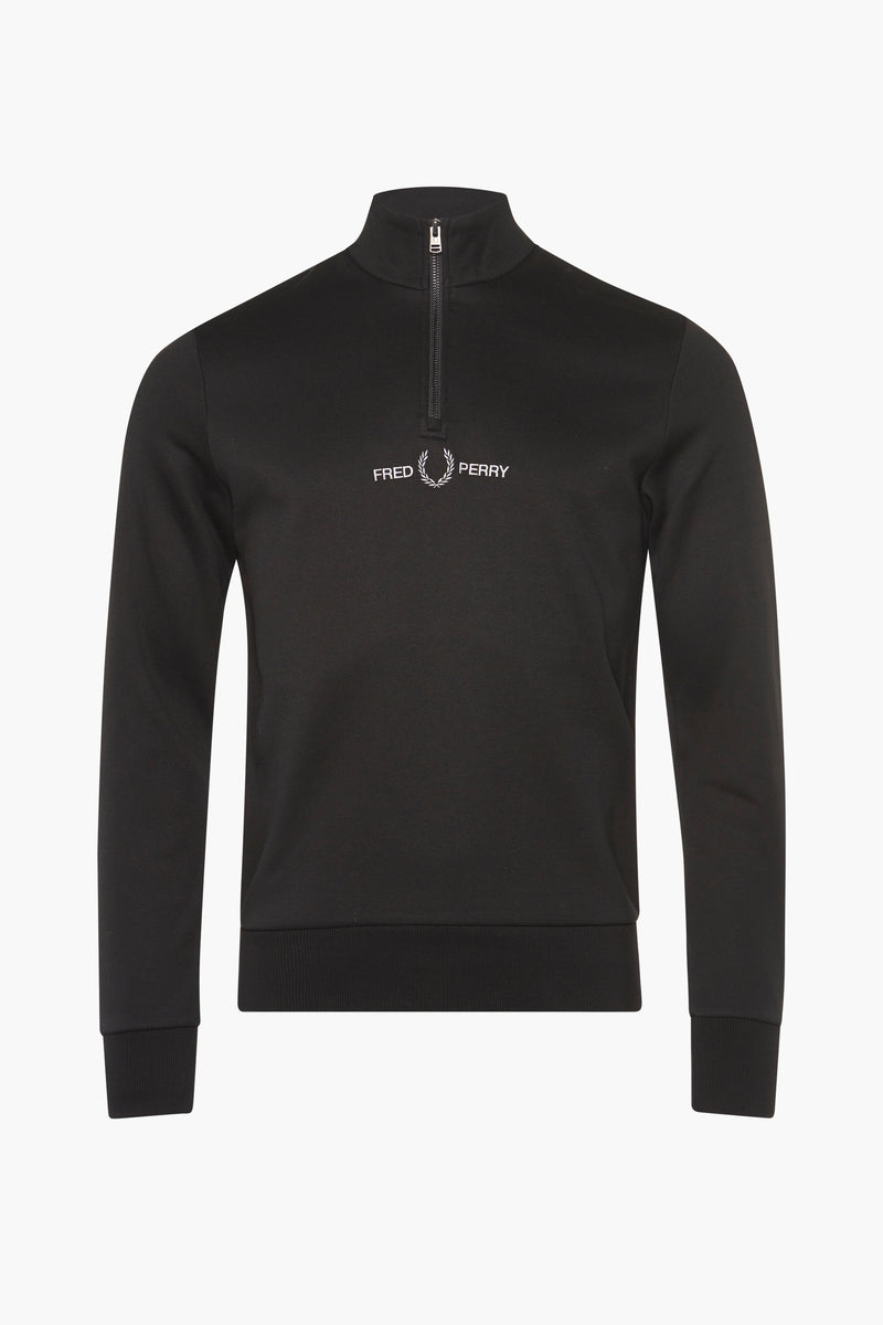 Black high-neck sweatshirt by Fred Perry with white embroidered logo and front zipper, ribbed cuffs and hem, front view.