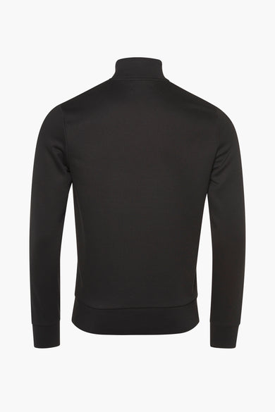 Black high-neck sweatshirt back view, ribbed cuffs and hem, smooth knit fabric, slim fit