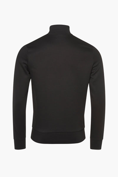 Black high-neck sweatshirt back view, ribbed cuffs and hem, smooth knit fabric, slim fit