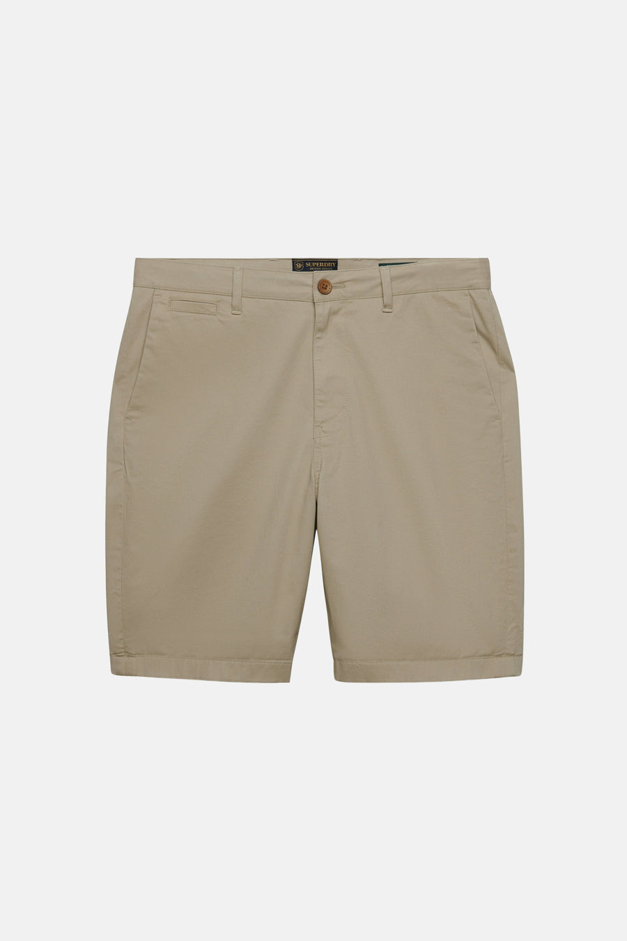 Short beige de SUPERDRY, avec bouton visible et poches latérales.