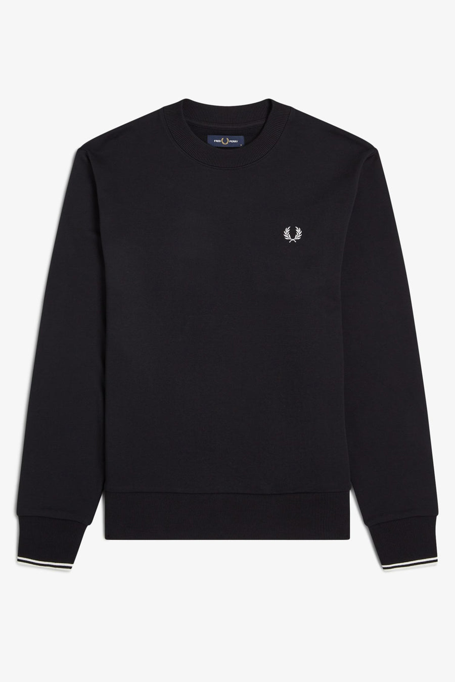 Zwarte Fred Perry sweater met geborduurd wit lauwerkranslogo op de borst.