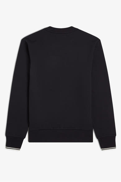Zwarte rondehals sweatshirt van Fred Perry, met witte gestreepte manchetten en geribde zoom.
