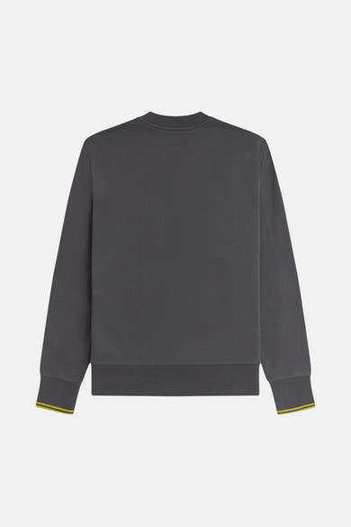Sweat col rond gris de FRED PERRY, avec bordures côtelées et détails rayés jaunes aux poignets.